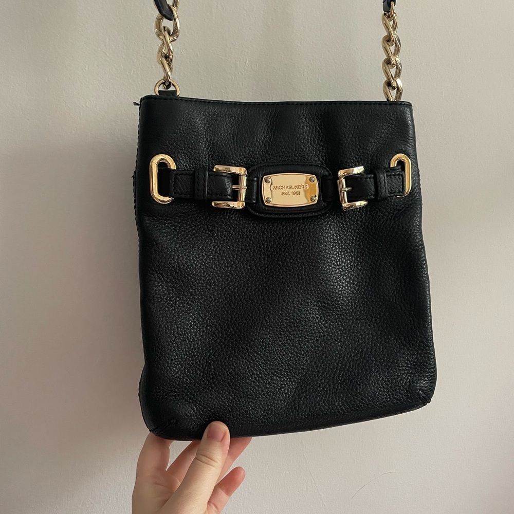 Michael Kors Hamilton Black Pebble Leather Folio Crossbody Bag with Gold Accents